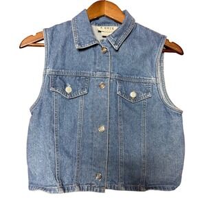 A.BYER California Women Large Blue Denim Vest Fray Hem Gold Button Crop